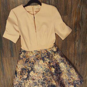 Ted Baker 2 tone dress beige bodice, blue jacquard full skirt (short)